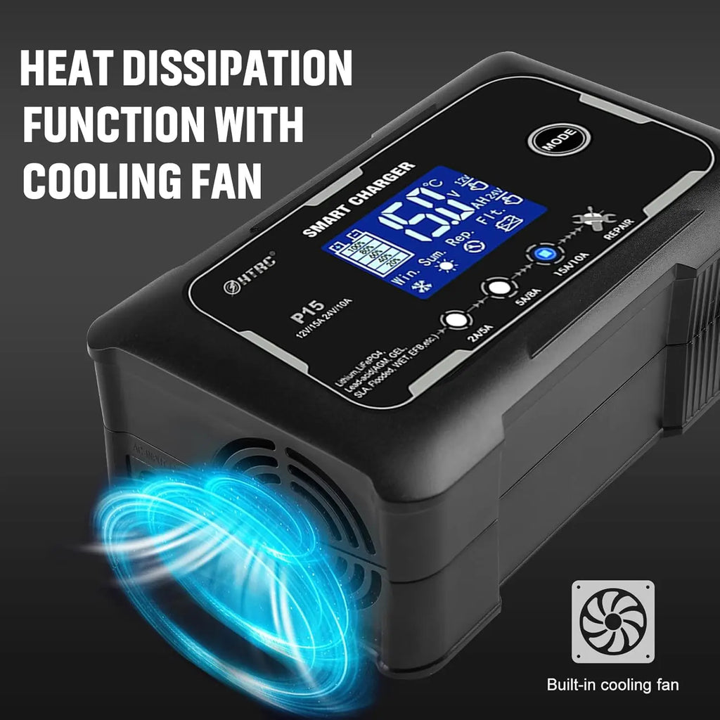 Smart 12V/24V Car Battery Charger with 9-Stage Charging for LiFePO4, Lead-Acid & Lithium Batteries