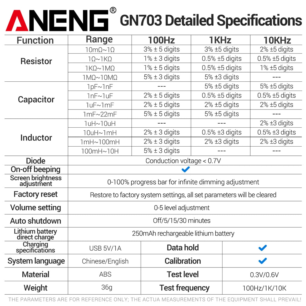 ANENG GN703 Smart Tweezers Professional Digital LCR Meter SMD ESR Test Capacitance Resistance Inductance Calibration Tool