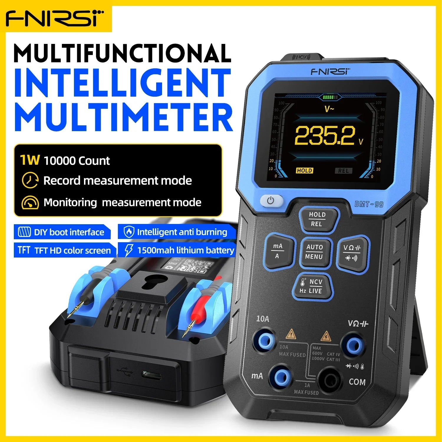 DMT-99 9999 Counts Digital Multimeter-A Smart Professional Tester of 1000V/10A RMS with Auto-range for AC/DC Ohm Hz Capacitance