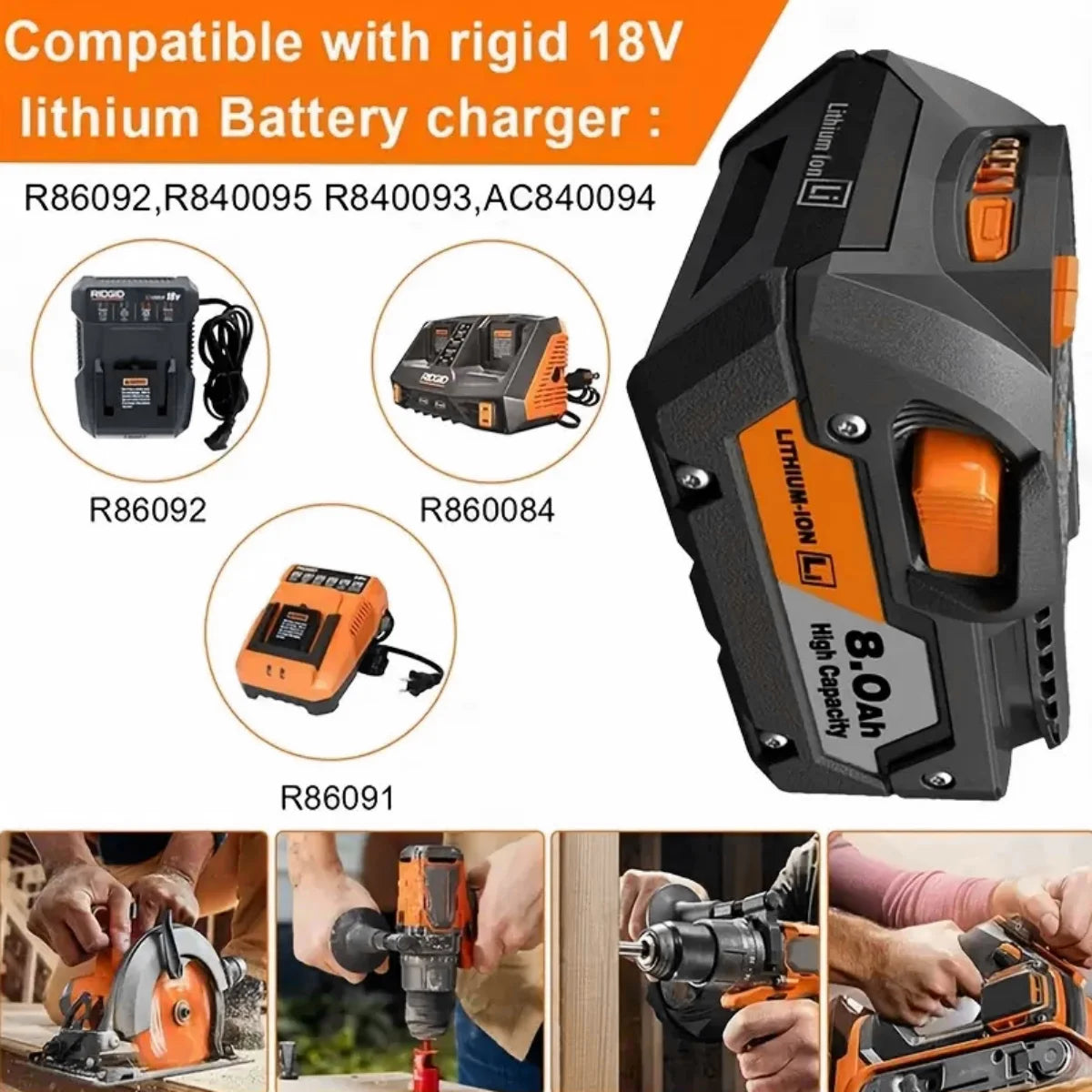 Upgraded R840087 18V 8.0Ah Lithium Battery Replacement For RIDGID 18V R840083, R840085, AC840085, Series Cordless Power T