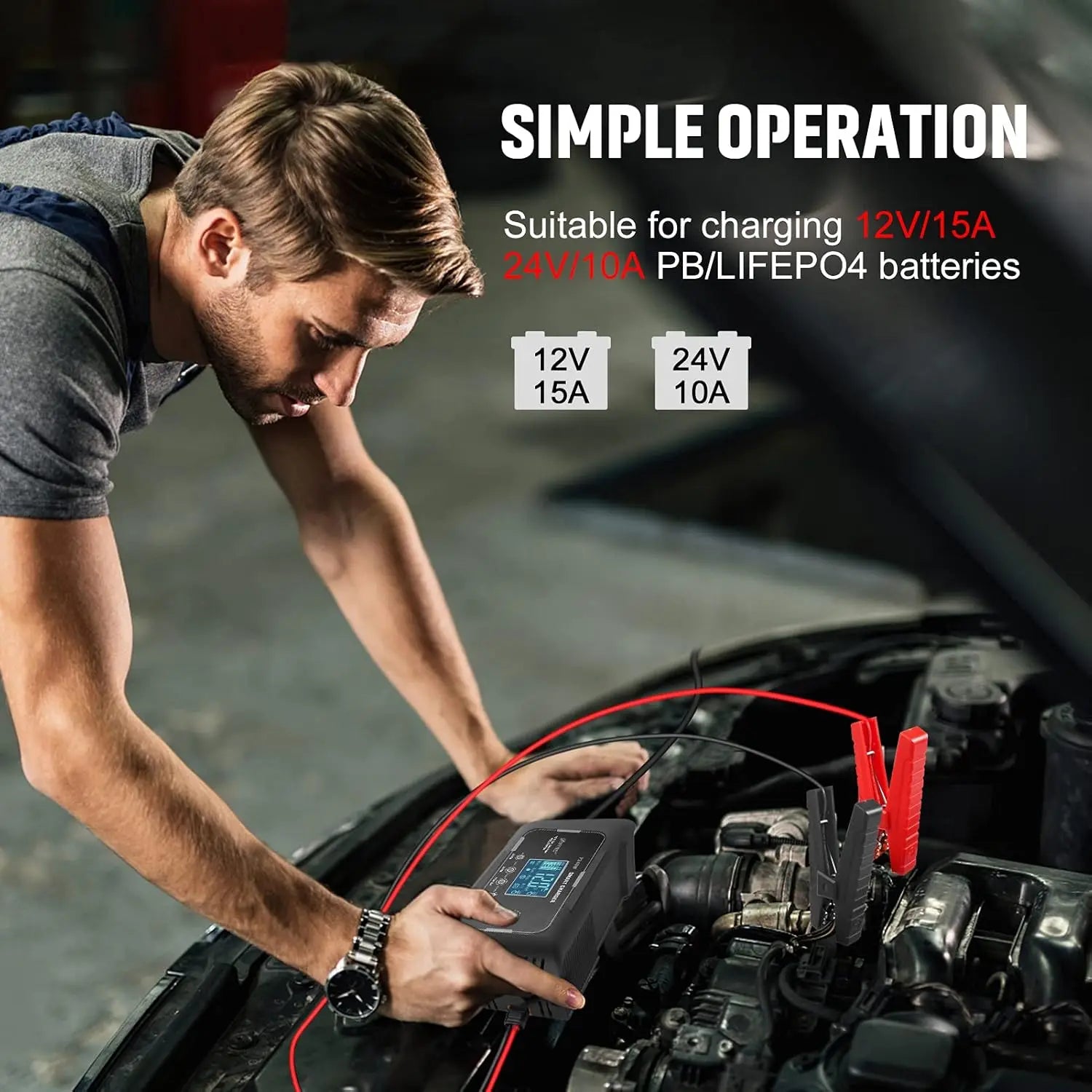 Smart 12V/24V Car Battery Charger with 9-Stage Charging for LiFePO4, Lead-Acid & Lithium Batteries
