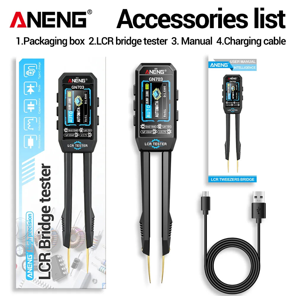 ANENG GN703 Smart Tweezers Professional Digital LCR Meter SMD ESR Test Capacitance Resistance Inductance Calibration Tool