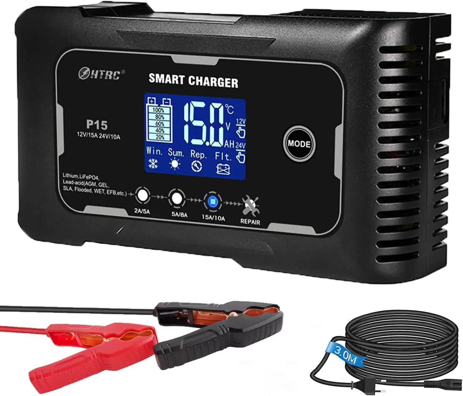Smart 12V/24V Car Battery Charger with 9-Stage Charging for LiFePO4, Lead-Acid & Lithium Batteries