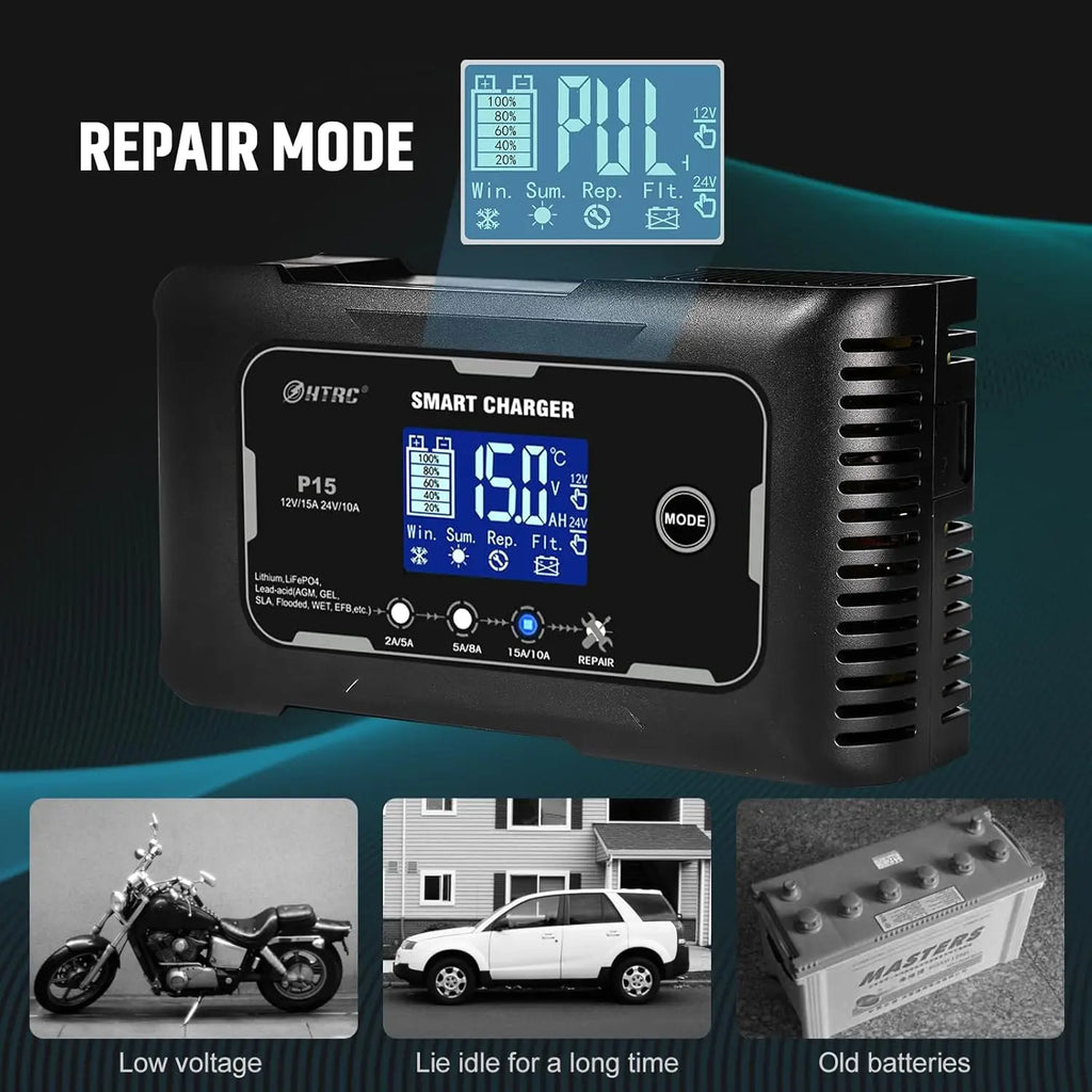 Smart 12V/24V Car Battery Charger with 9-Stage Charging for LiFePO4, Lead-Acid & Lithium Batteries